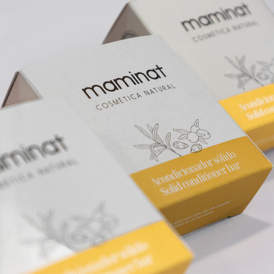 Maminat acondicionador sólido natural con marula y argán, nutre y repara el cabello de forma ecológica.