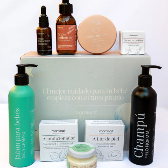 Pack Mamá Primeriza: Canastilla de cosmética natural y ecológica para mamá y bebé. Incluye productos para el cuidado de la piel, cabello y necesidades del recién nacido. Perfecto como regalo único y especial.